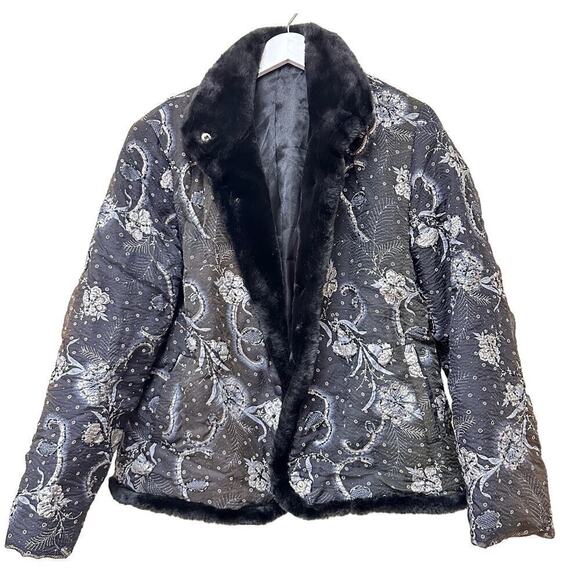 Vintage Jackets & Blazers - Vintage Floral Pattern Size M Black Beaded Puffer Jacket Trim FLAWED